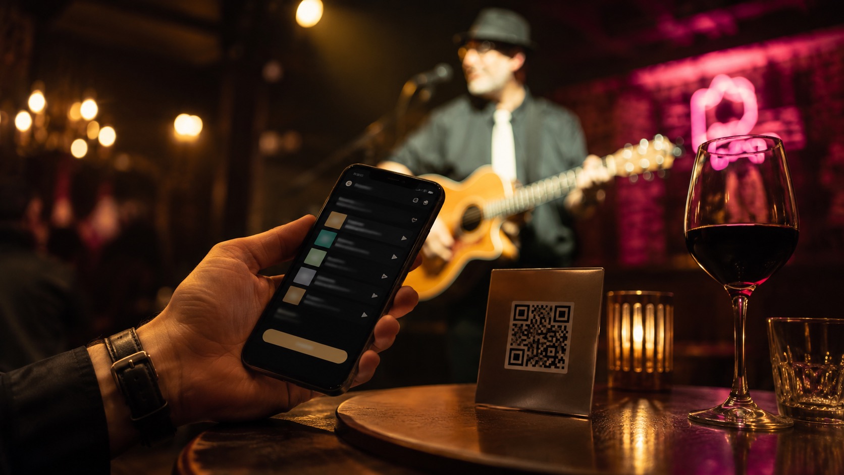 Le public choisit ses titres depuis son téléphone en scannant le QR sur la table